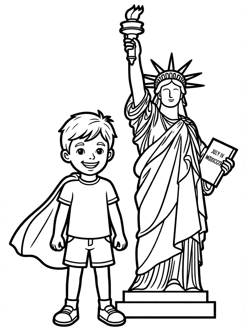 A cheerful child with a superhero cape and the Statue of Liberty for USA.