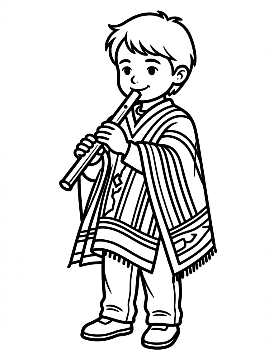 A child with a colorful poncho and a flute for Peru.