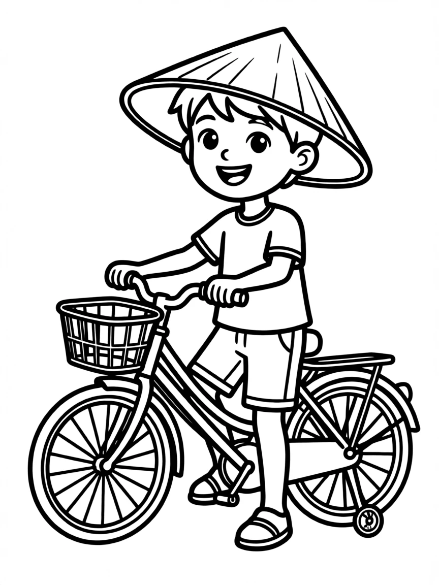 A cheerful child with a bicycle and a traditional Vietnamese hat for Vietnam.