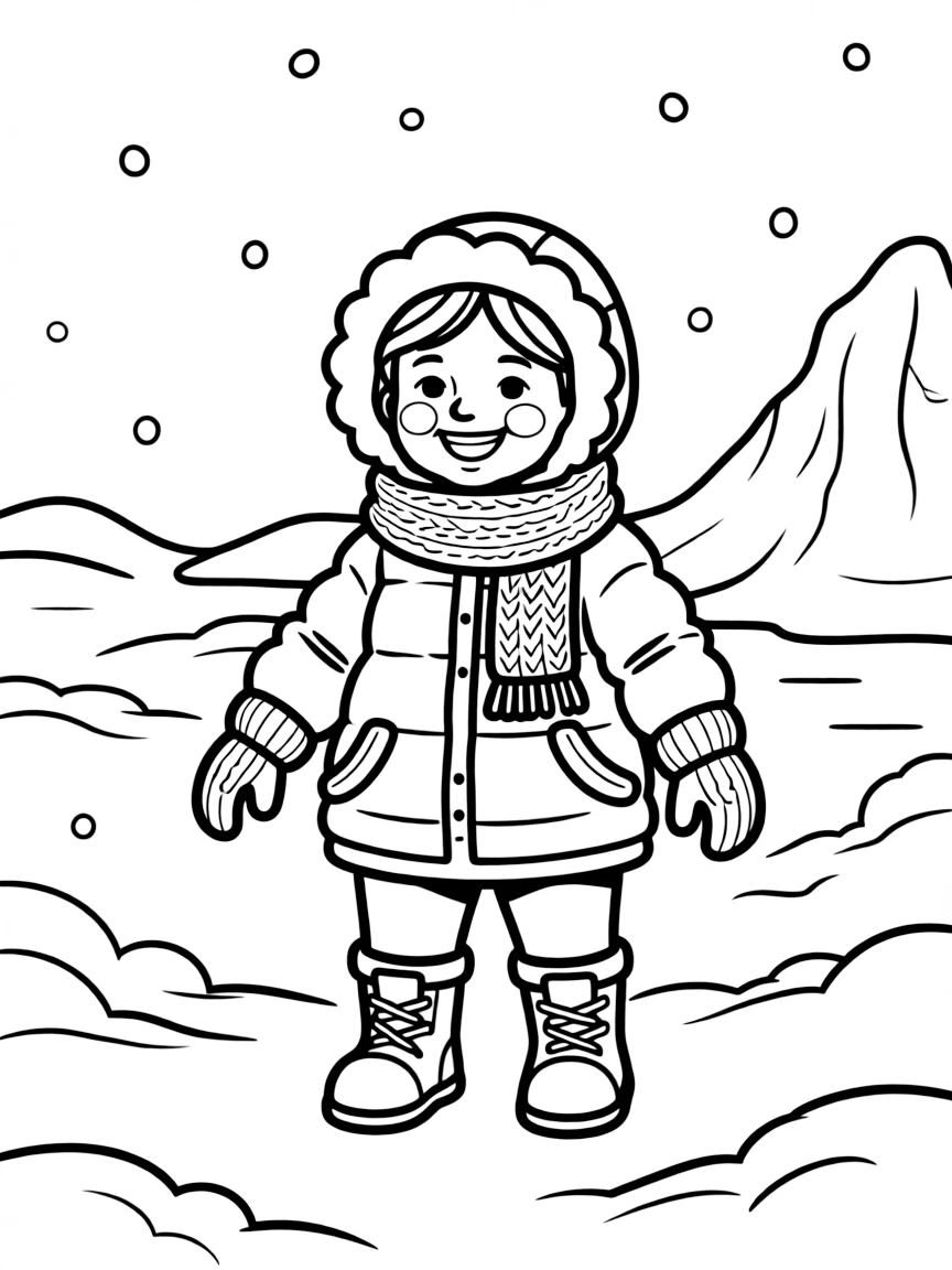 A smiling child bundled up in warm clothes in a snowy landscape for Antarctica.