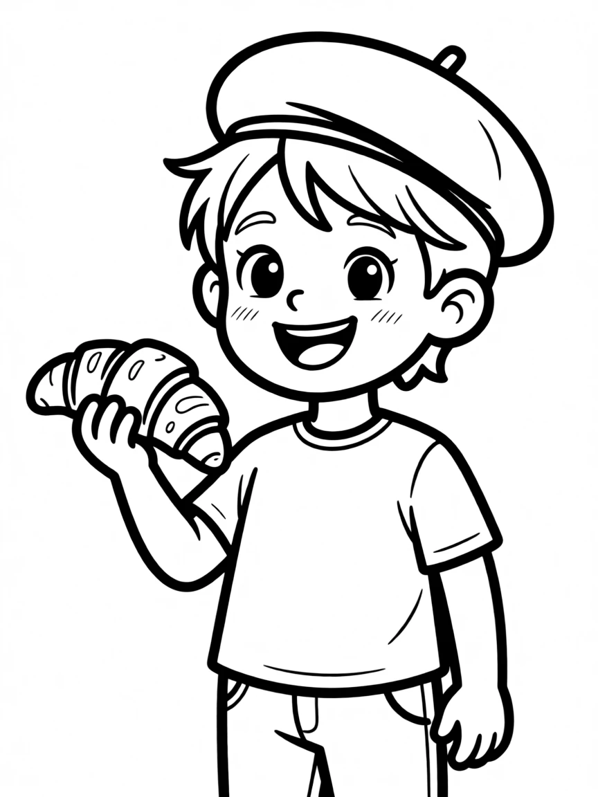 A cheerful child with a beret and a croissant for France.