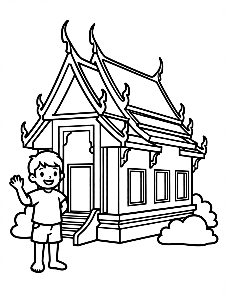 A smiling child near a temple for Thailand.