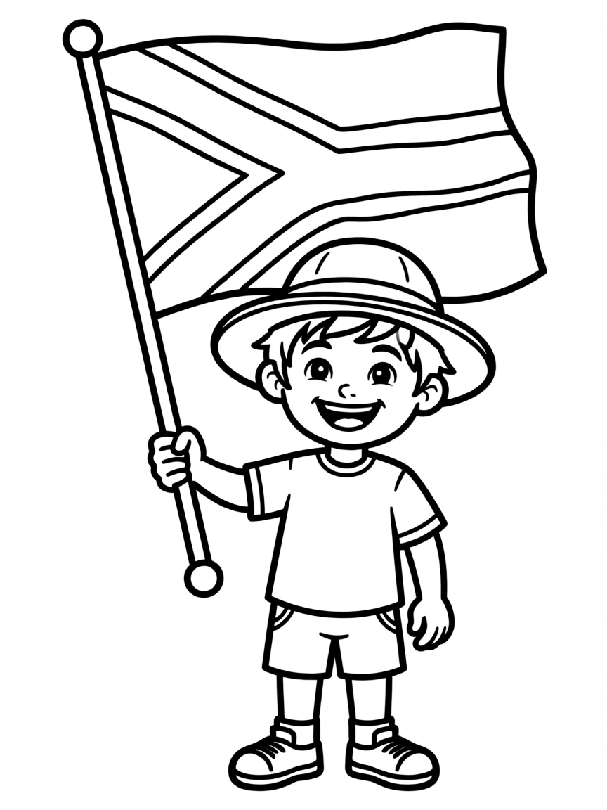 A happy child with a flag of South Africa and a safari hat.
