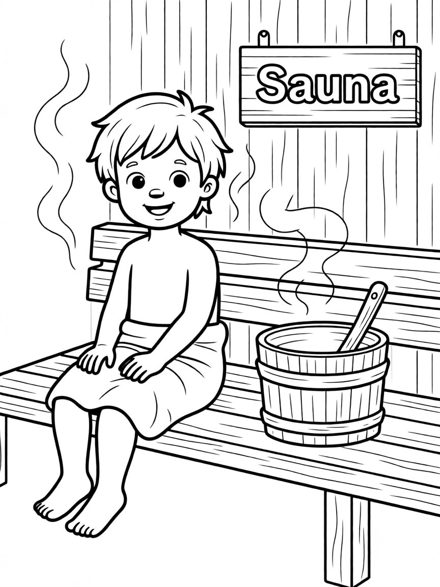 A cheerful child in a sauna for Finland.