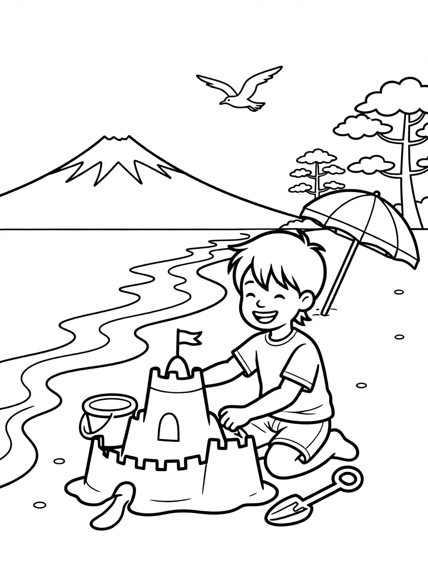 A smiling child building a sandcastle on a beautiful beach in Japan.