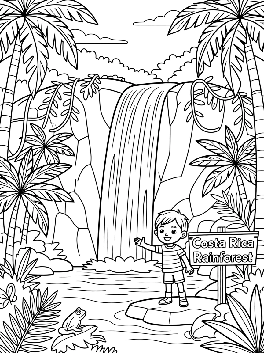 A happy child exploring a waterfall in a rainforest for Costa Rica.