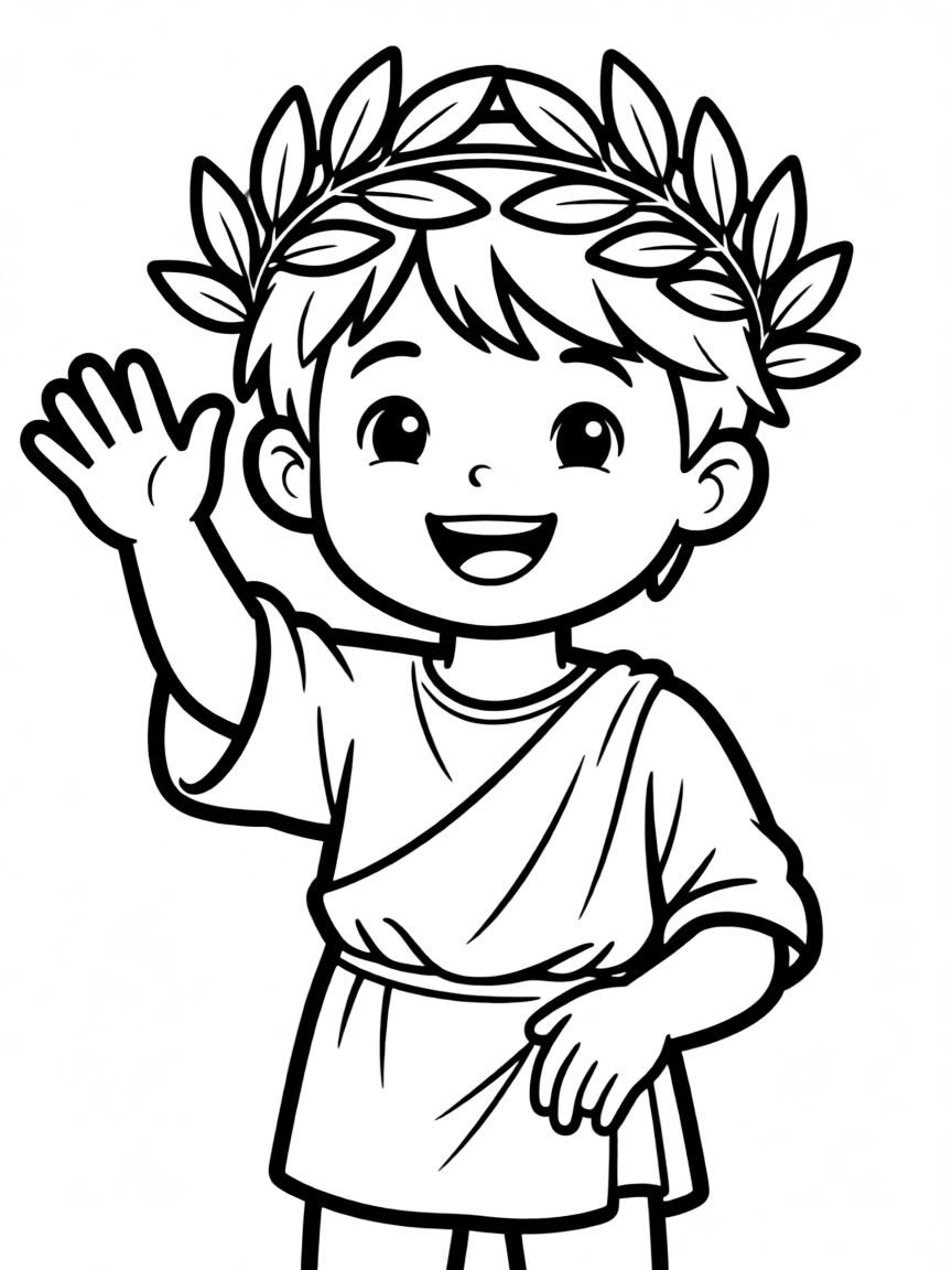 A cheerful child with a wreath of olive leaves for Greece.