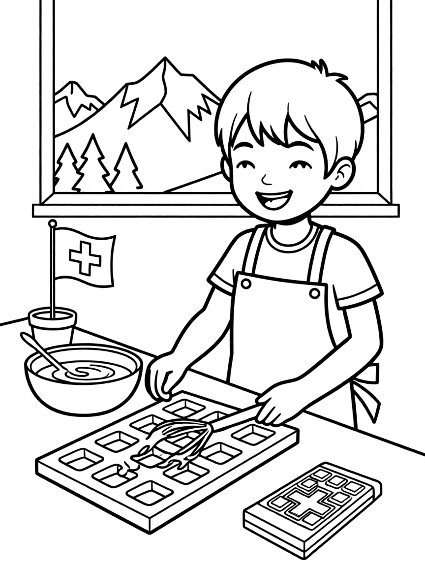 A child making Swiss chocolate for Switzerland.