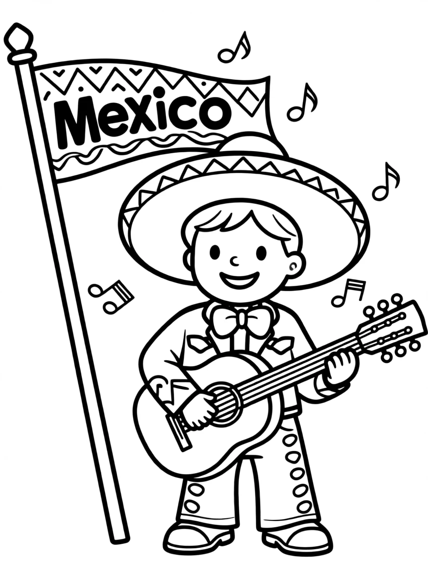 A smiling child playing mariachi music for Mexico.