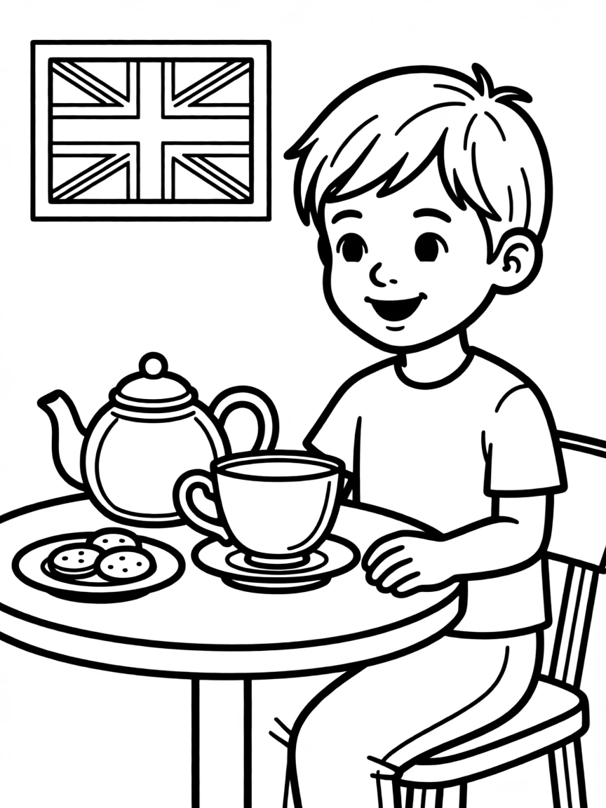 A happy child drinking tea in a traditional British teacup for United Kingdom.