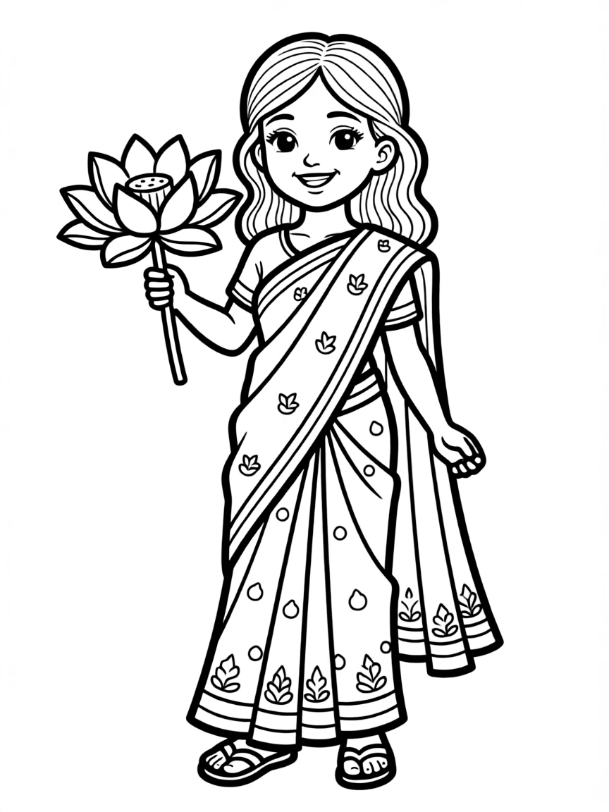A cheerful child with a sari and a lotus flower for India.