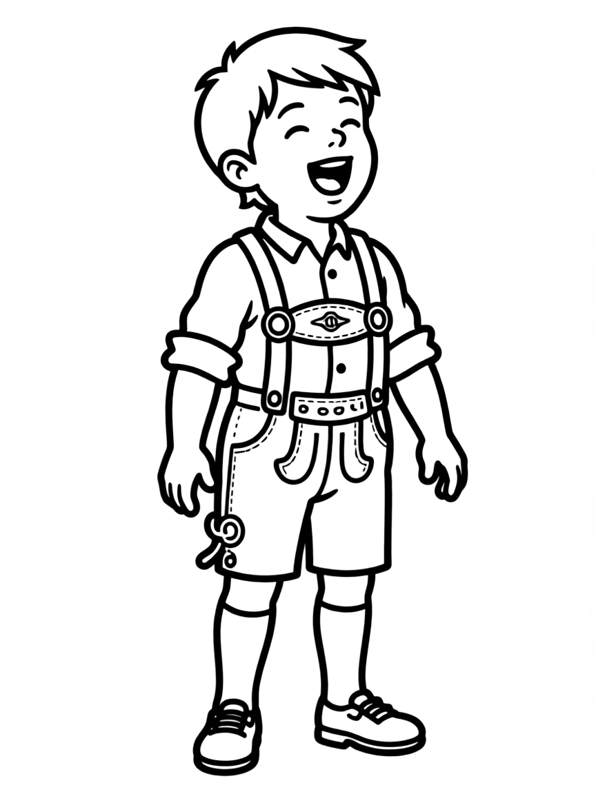 A smiling child wearing a lederhosen and yodeling for Germany.