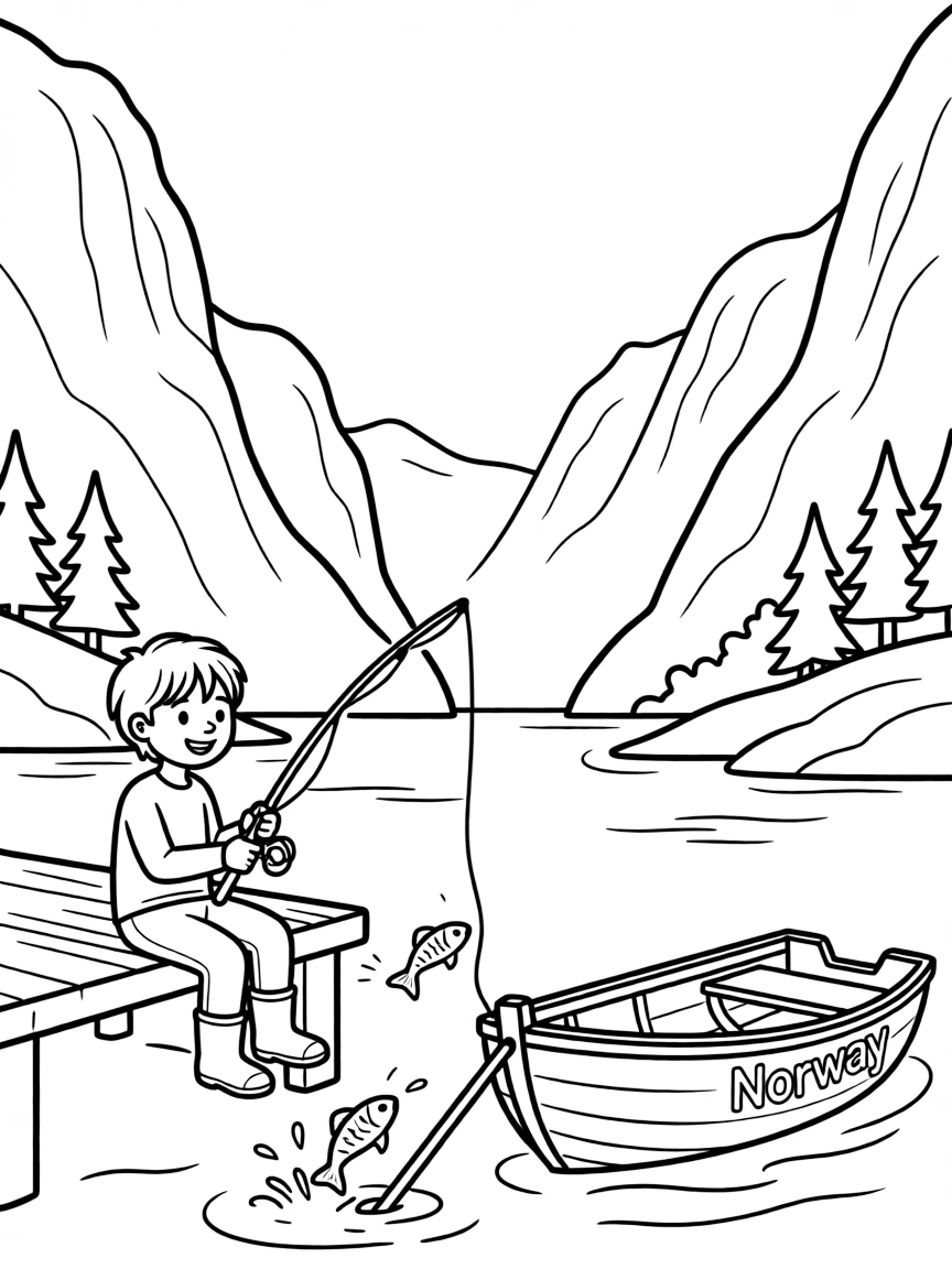 A happy child fishing in a fjord for Norway.