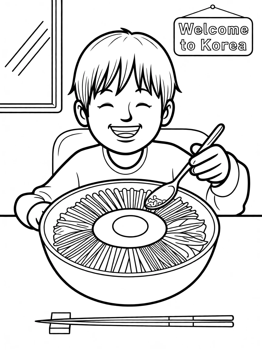 A cheerful child eating bibimbap for South Korea.