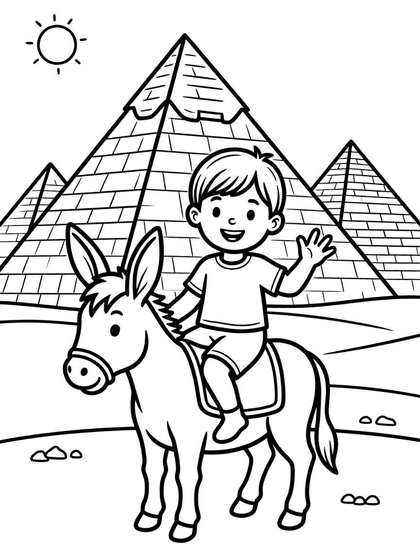 A child on a donkey near the pyramids for Egypt.