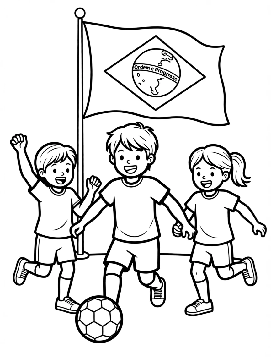 A smiling child playing soccer with friends for Brazil.