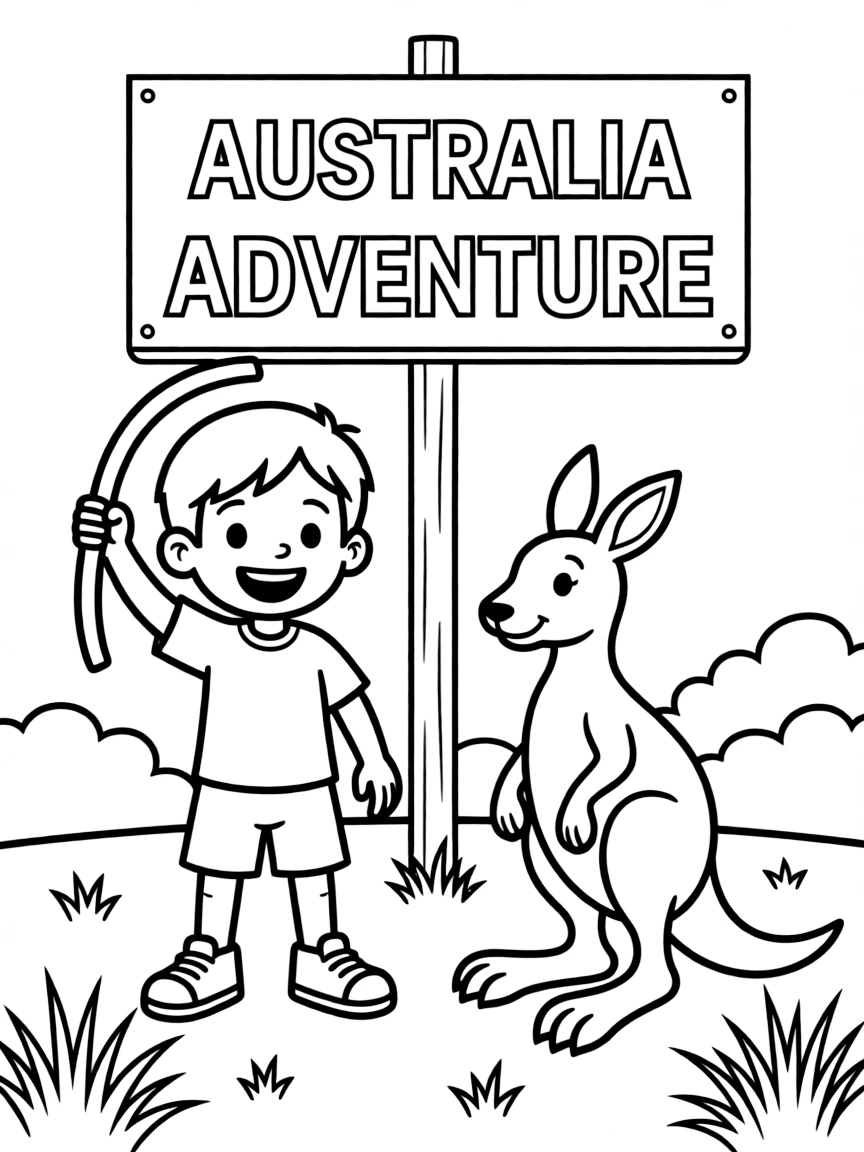 A happy child with a boomerang and a kangaroo for Australia.