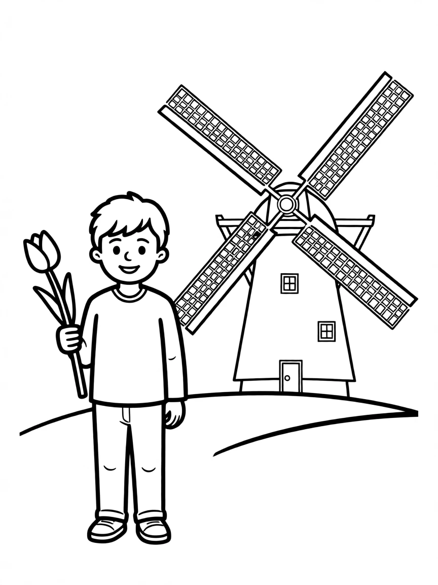 A smiling child with a windmill and a tulip for Netherlands.