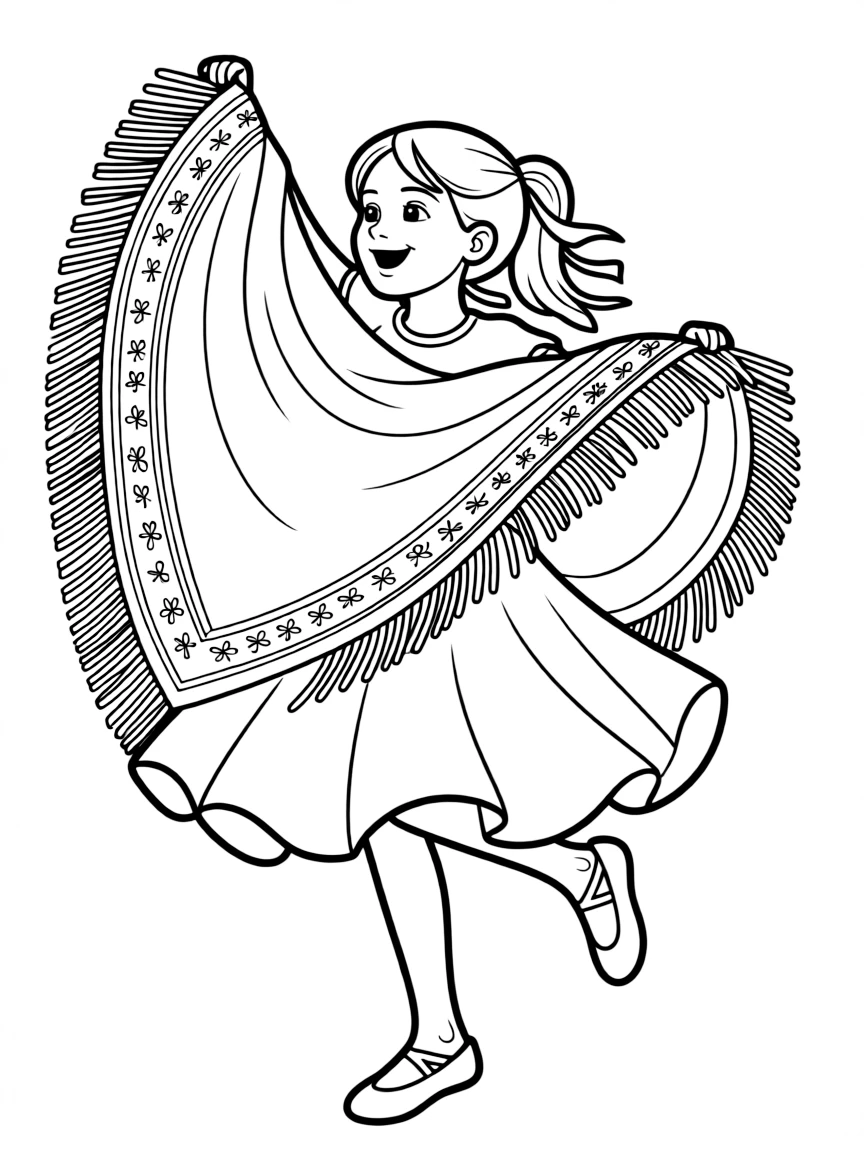 A happy child dancing with a Spanish shawl for Spain.