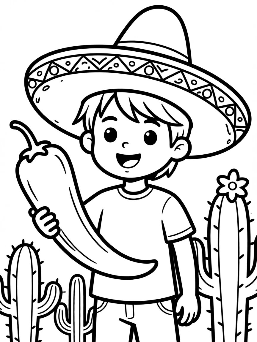 A child with a chili pepper and a sombrero for Mexico.