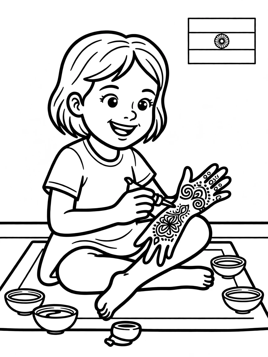 A happy child drawing henna patterns for India.