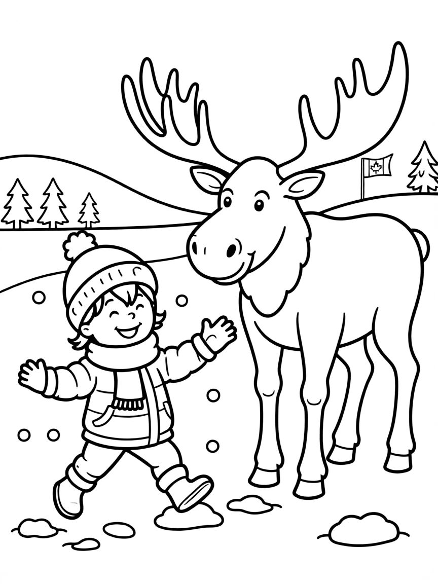 A cheerful child playing in the snow with a moose for Canada.