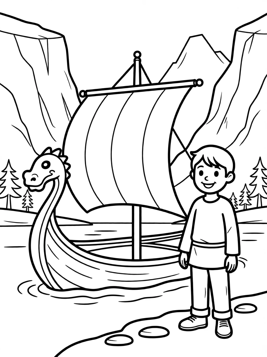 A smiling child with a Viking ship and a fjord in the background for Norway.