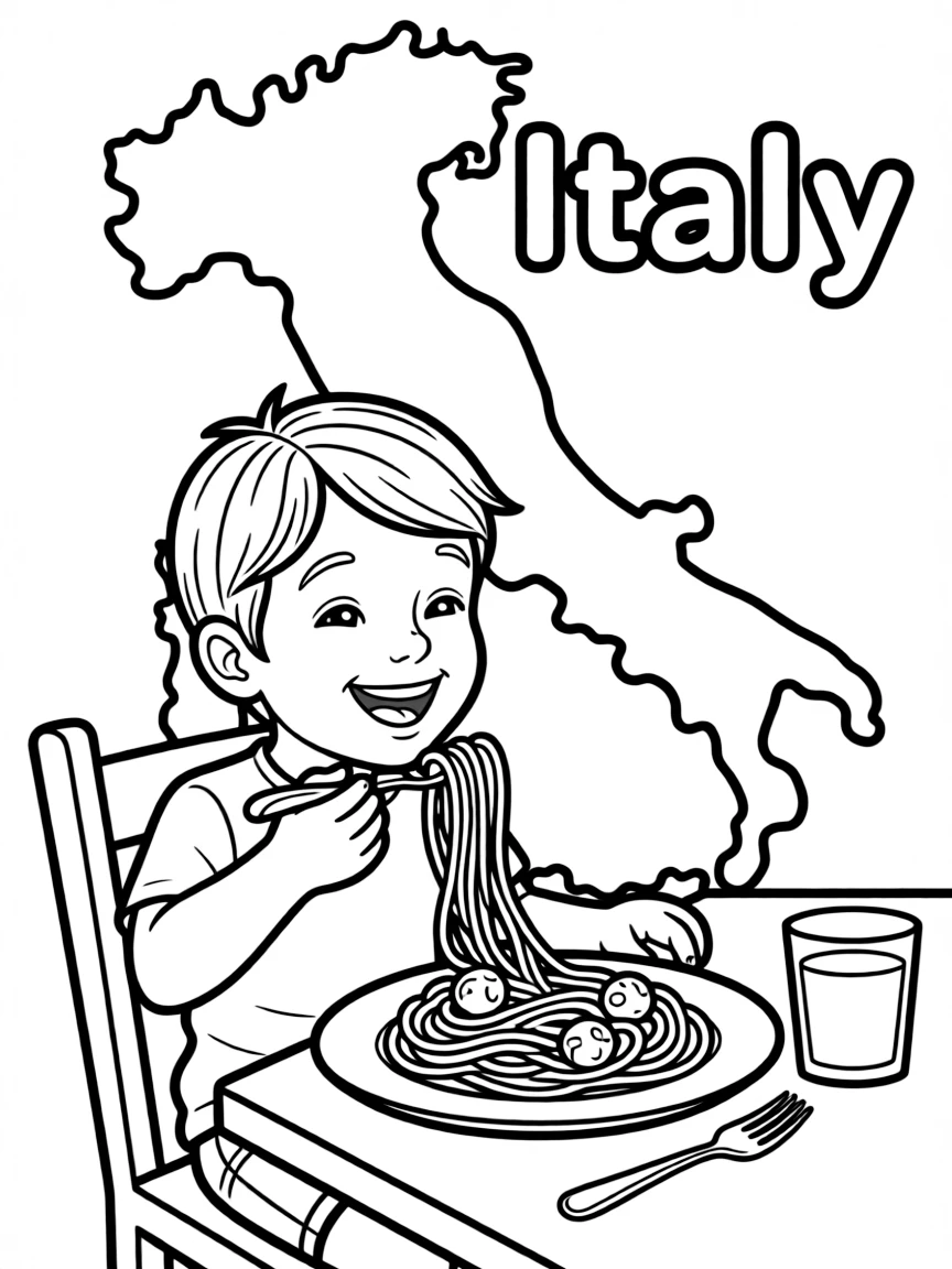 A happy child eating spaghetti for Italy.