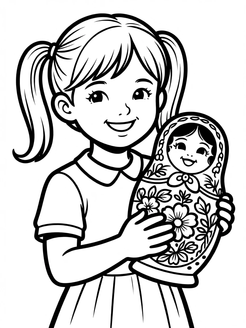 A cheerful child with a Russian nesting doll for Russia.