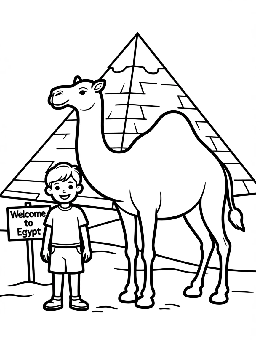 A child near a camel and a pyramid for Egypt.