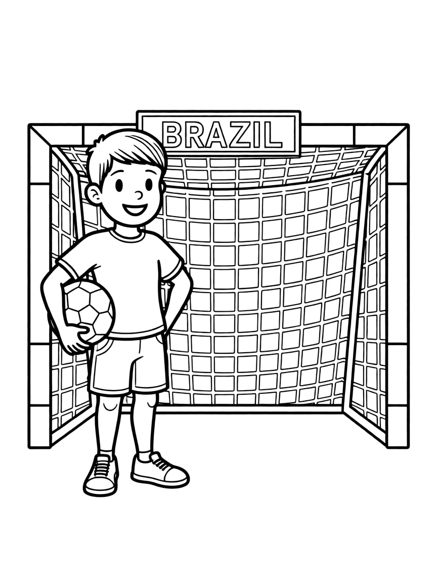 A smiling child with a football and a soccer goal for Brazil.