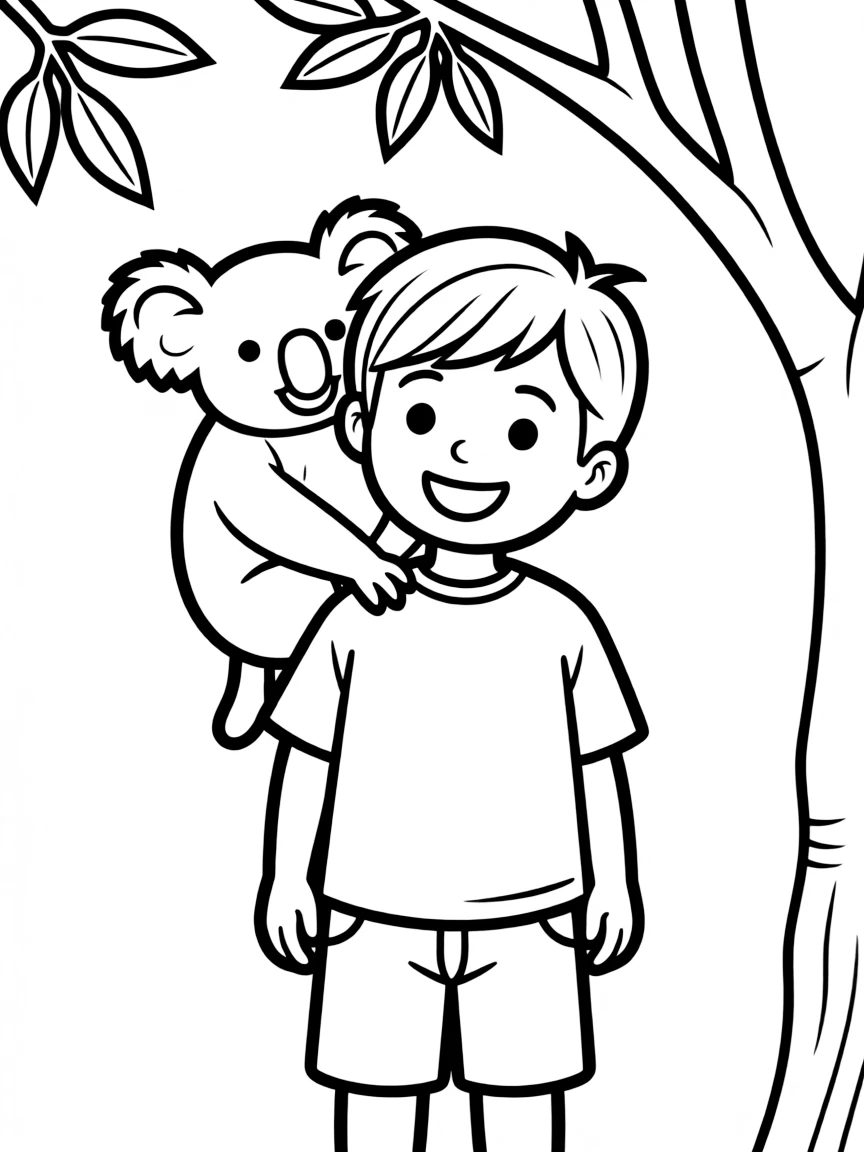 A happy child with a koala on their shoulder for Australia.