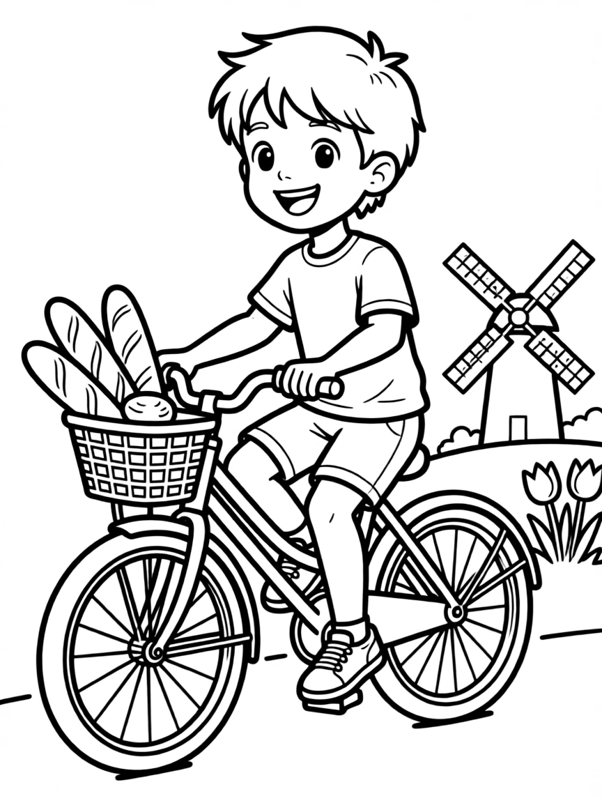 A smiling child riding a bicycle with a basket of bread for Netherlands.