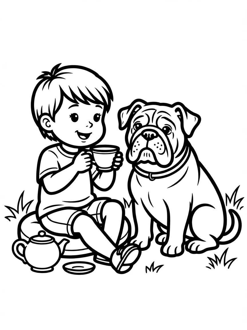 A smiling child with a teacup and a friendly bulldog for United Kingdom.