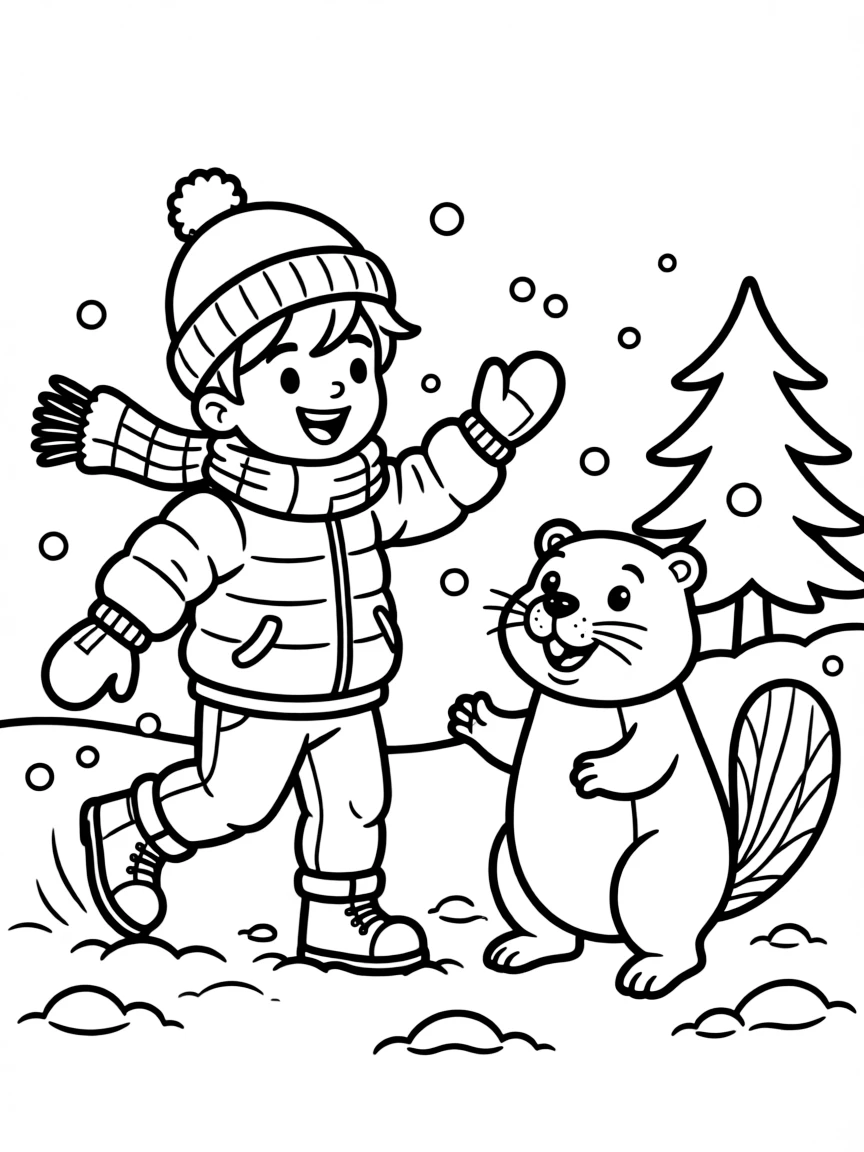 A cheerful child playing in the snow with a beaver for Canada.
