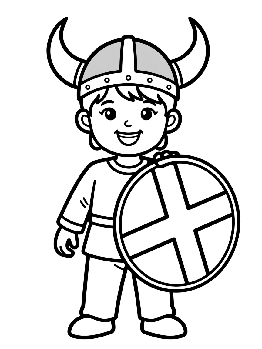 A smiling child with a Viking helmet and a shield for Norway.