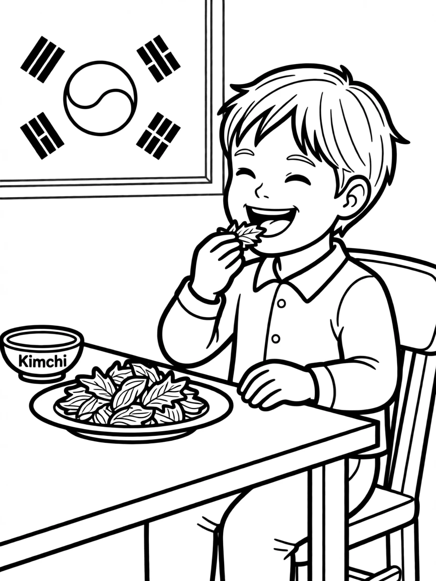 A happy child eating kimchi for South Korea.