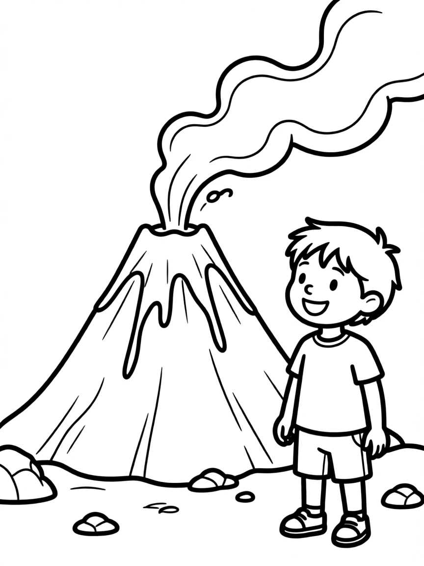A smiling child near a volcano with steam coming out for Iceland.
