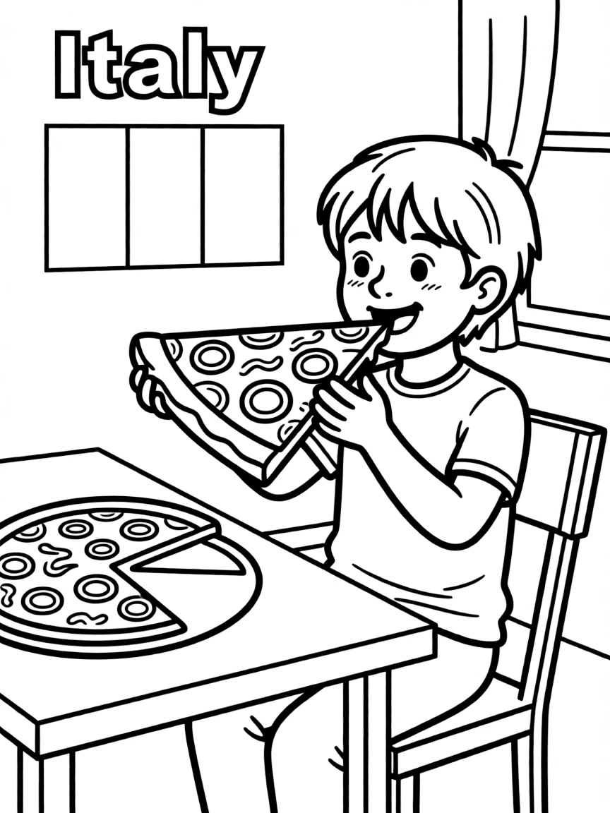 A happy child eating pizza for Italy.