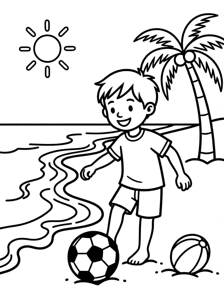 A smiling child playing soccer on the beach for Brazil.
