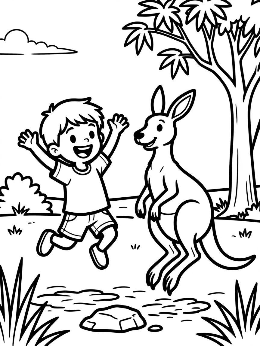 A happy child with a kangaroo jumping in the outback for Australia.