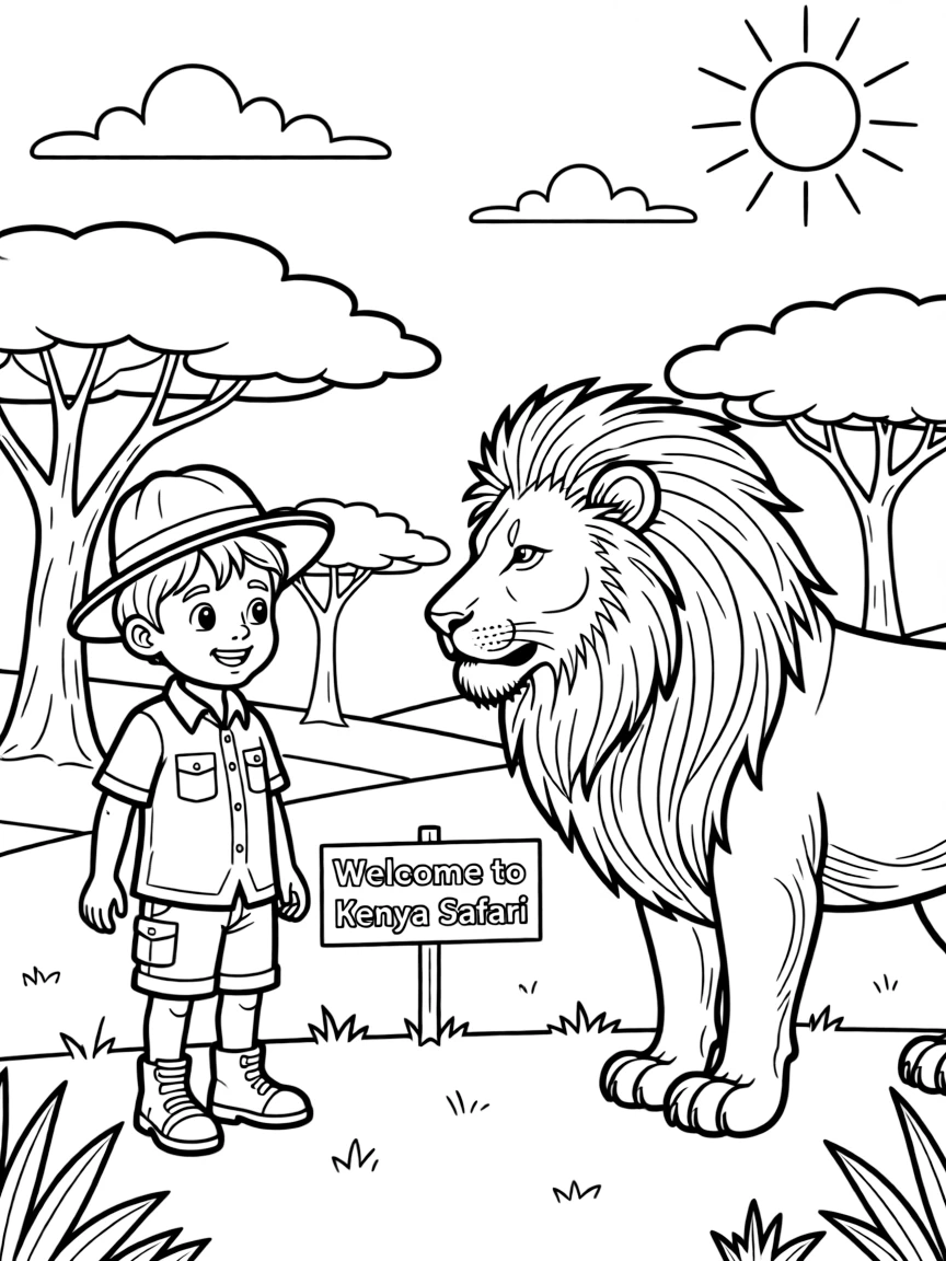 A cheerful child on a safari looking at a lion for Kenya.