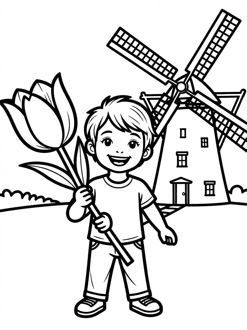 A smiling child with a tulip and a windmill for Netherlands.