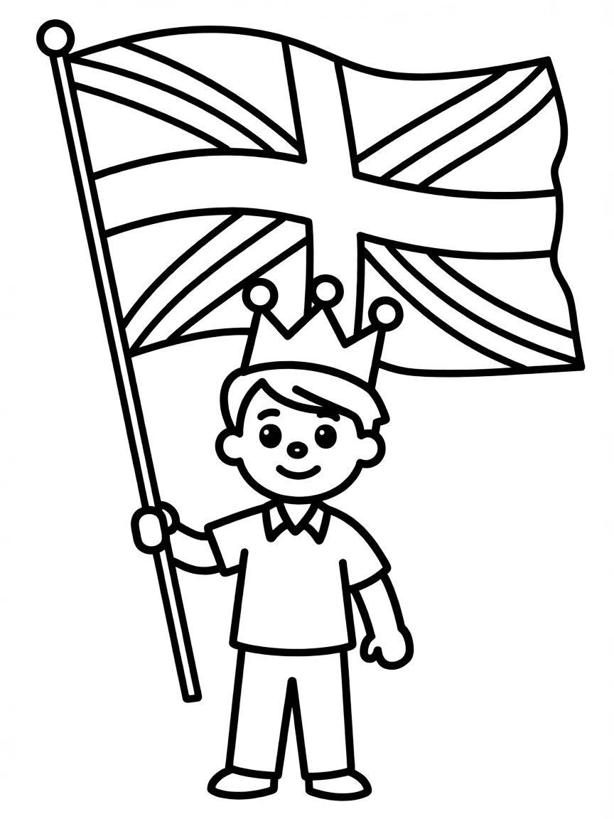 A smiling child with a crown and a British flag for United Kingdom.