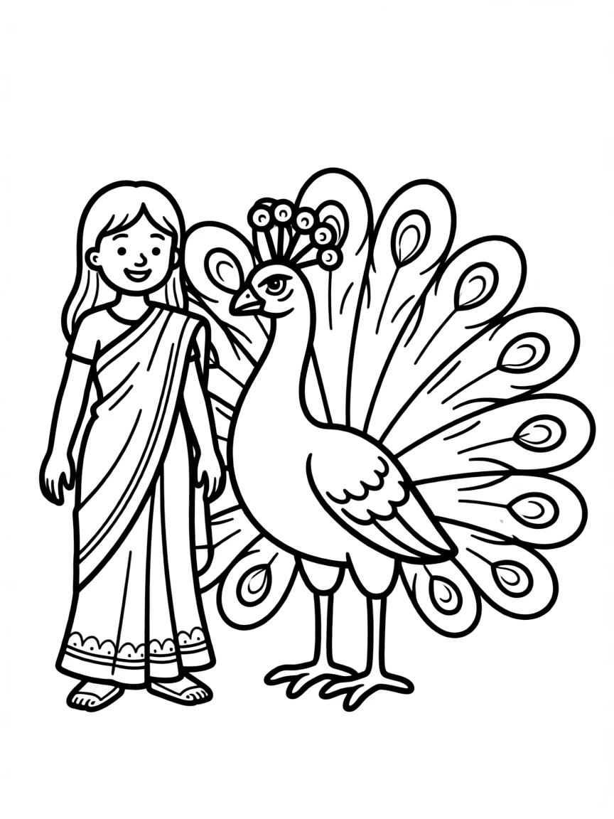 A happy child with a peacock and a sari for India.