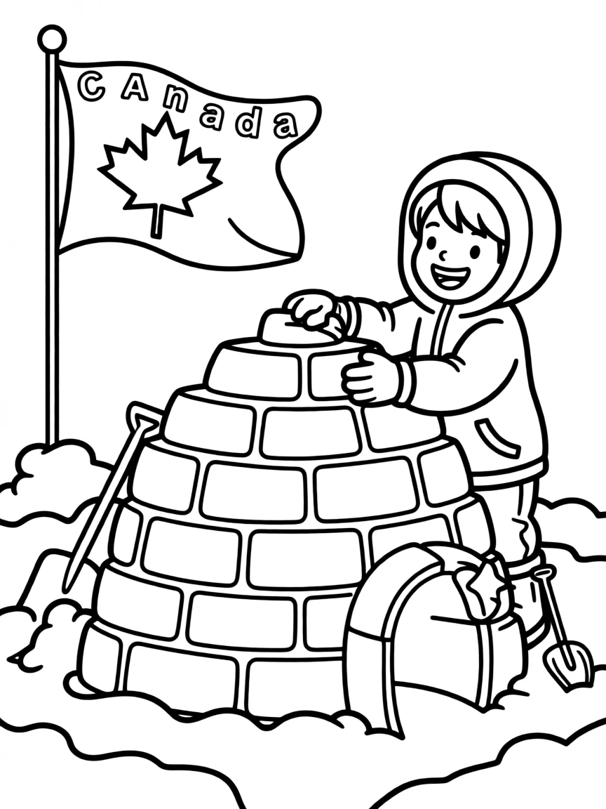A cheerful child building an igloo for Canada.