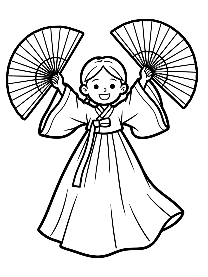 A happy child with a traditional Korean fan dance for South Korea.