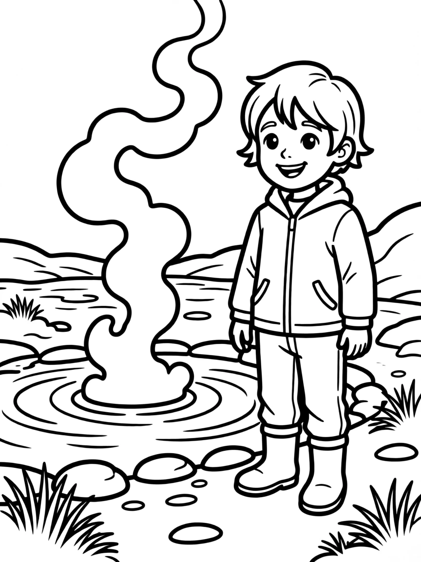 A smiling child near a hot spring with steam for Iceland.