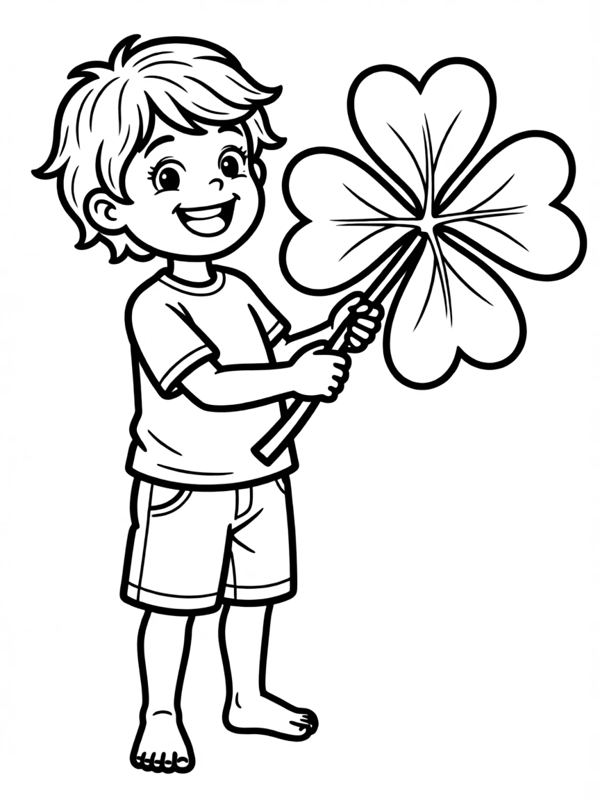 A cheerful child with a four-leaf clover for Ireland.