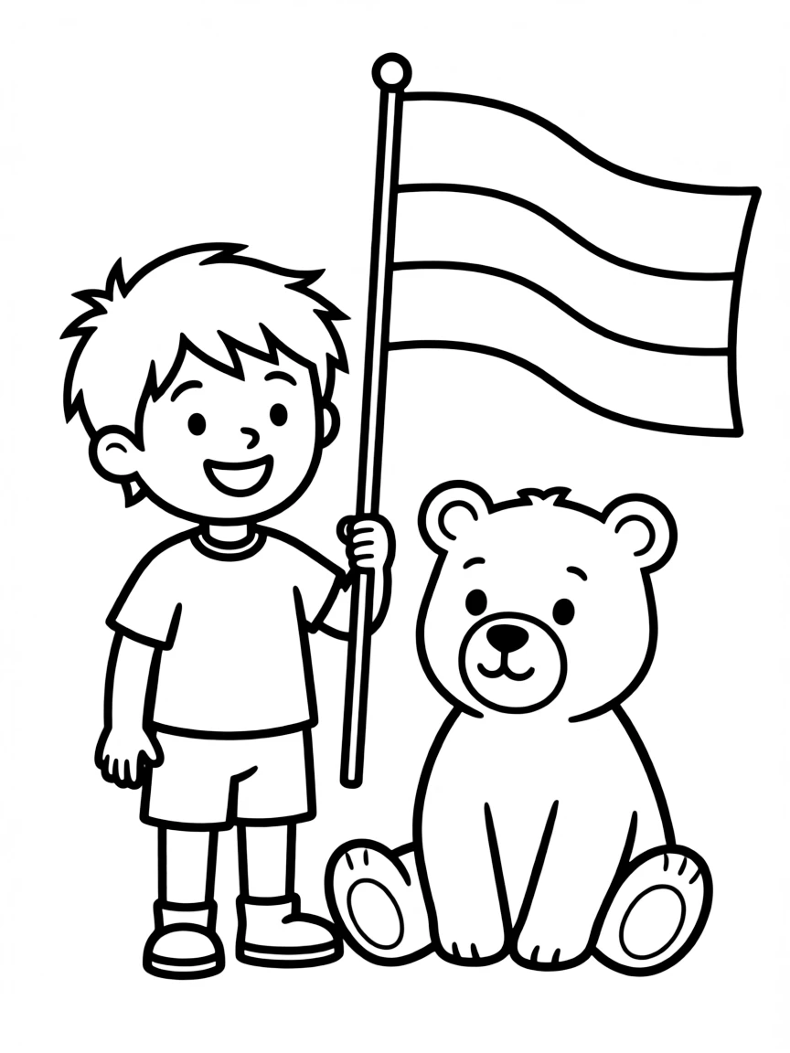 A cheerful child with a bear and a Russian flag for Russia.